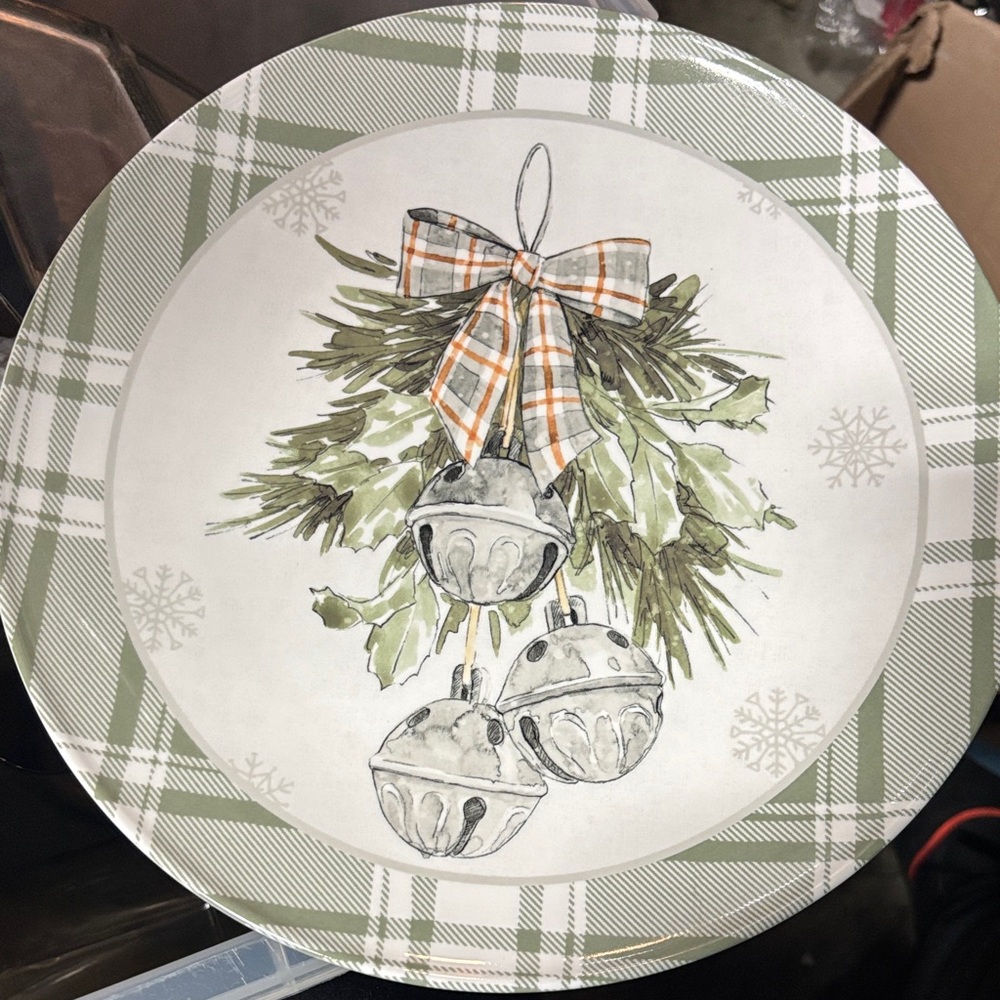 2-set Holiday Plaid Stoneware Dinner Plates with Bells and Bow - 10.6”. New